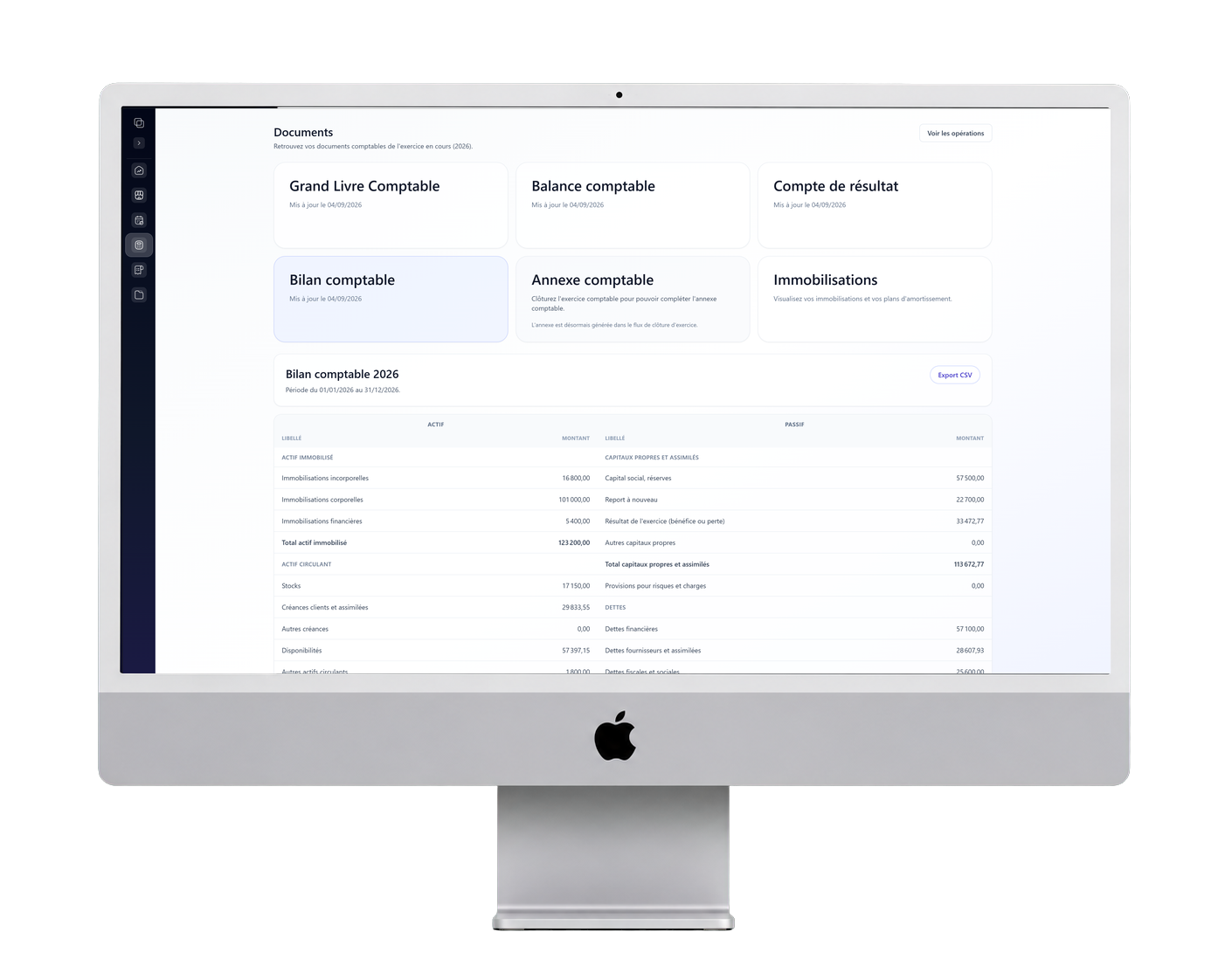 Balance, bilan et documents comptables ComptaPRO présentés dans un ordinateur de bureau