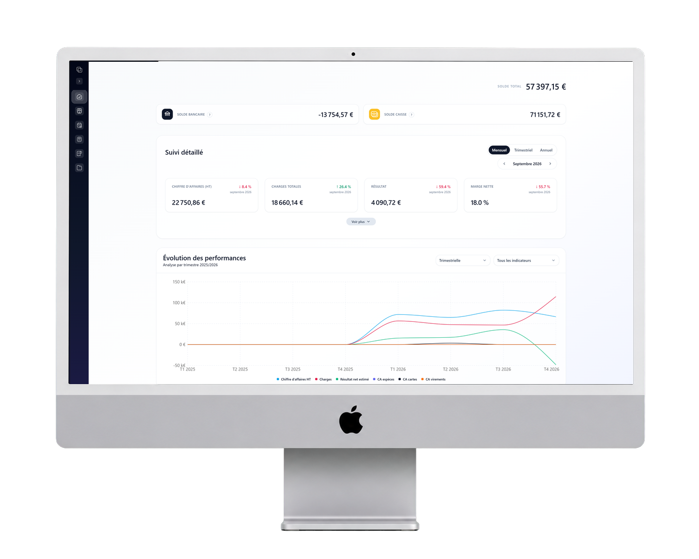 Tableau de bord financier ComptaPRO présenté dans un ordinateur de bureau