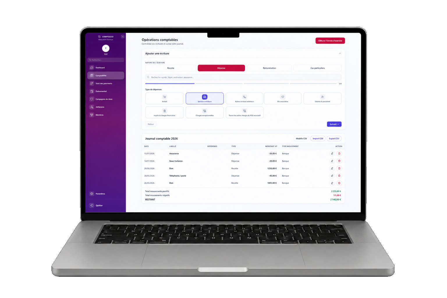 Rendu d'un espace ComptAsso avec modules comptables associatifs