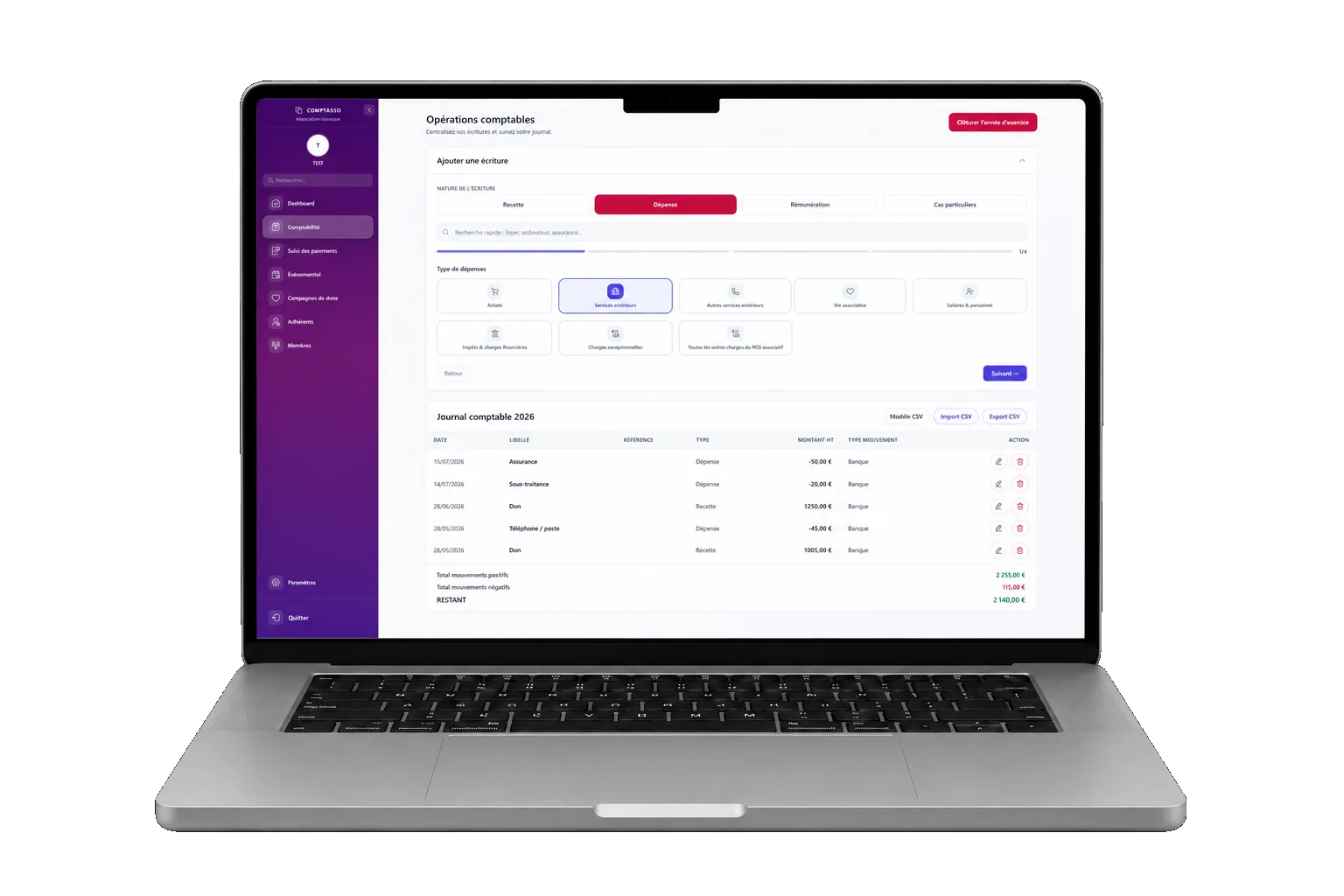 Rendu d'un espace ComptASSO avec modules comptables associatifs