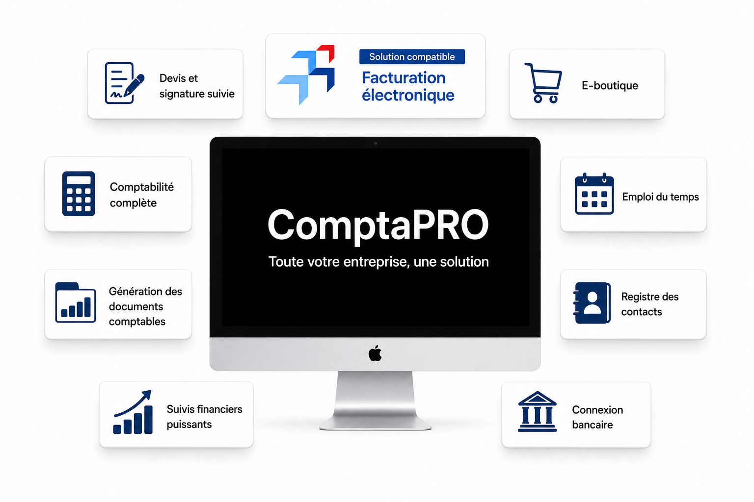 Interface ComptaPRO avec ventes, factures, trésorerie et comptabilité